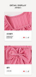 Girls' fall two-piece outfit: pink lace-trimmed square neck long sleeve top with bow-tie pants