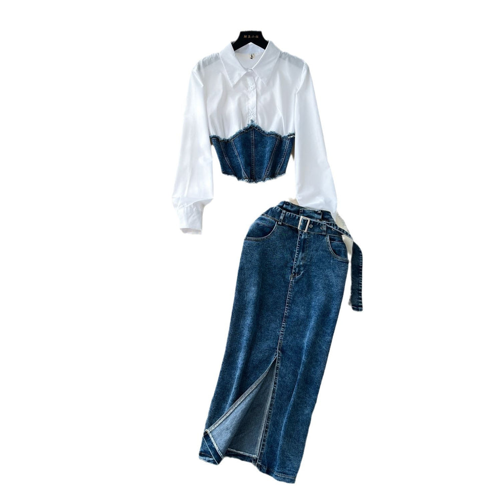 Korean style goddess look fashion patchwork faux two-piece long sleeve shirt with belted waist denim midi skirt two-piece set