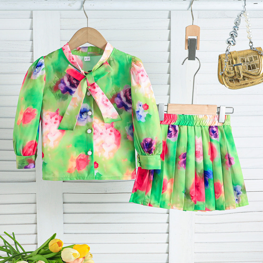 new girls' chiffon printed set: long-sleeve blouse + pleated skirt two-piece outfit
