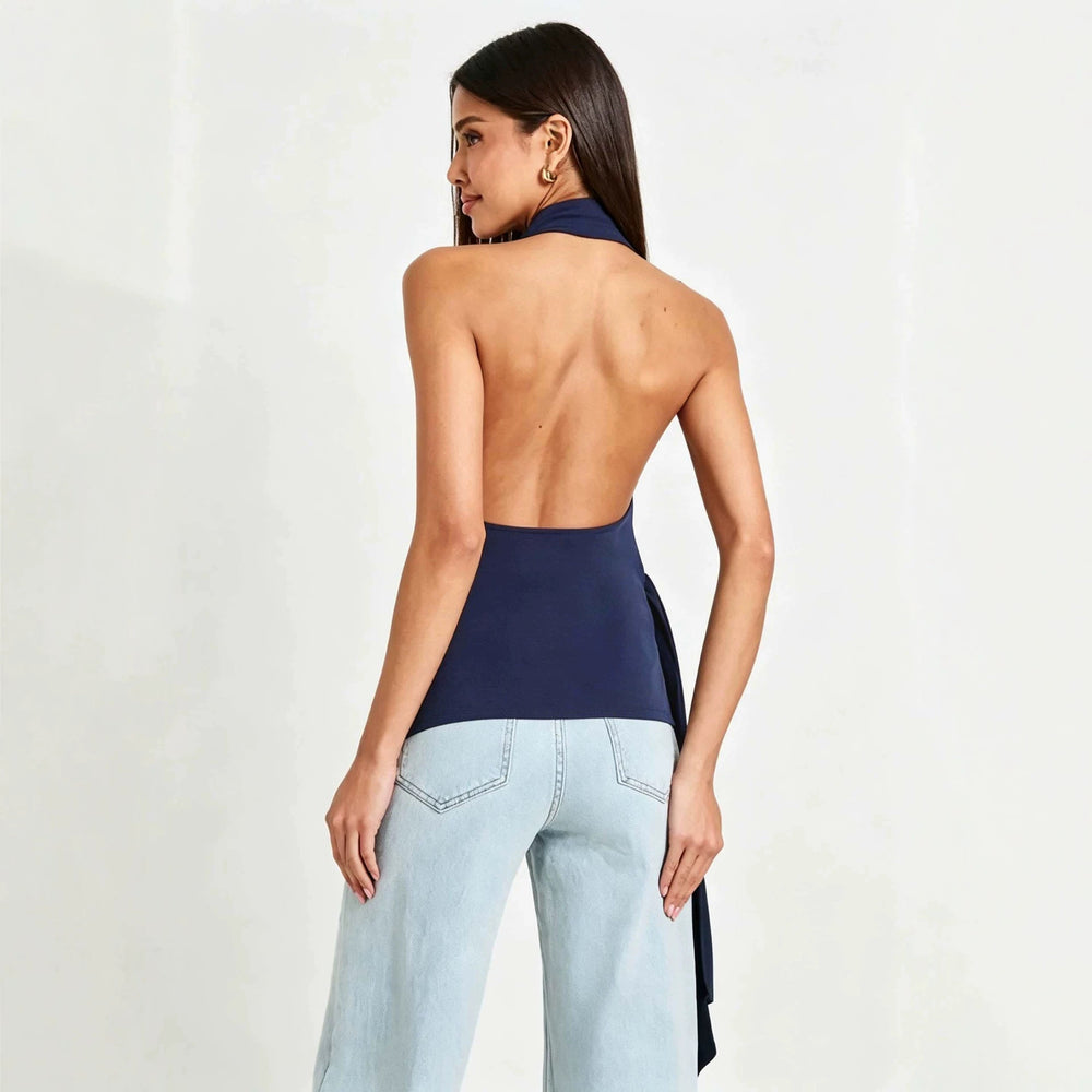 women's summer halterneck backless sleeveless top, featuring side ties, ruched waist, slimming fit, and a spicy girl vibe