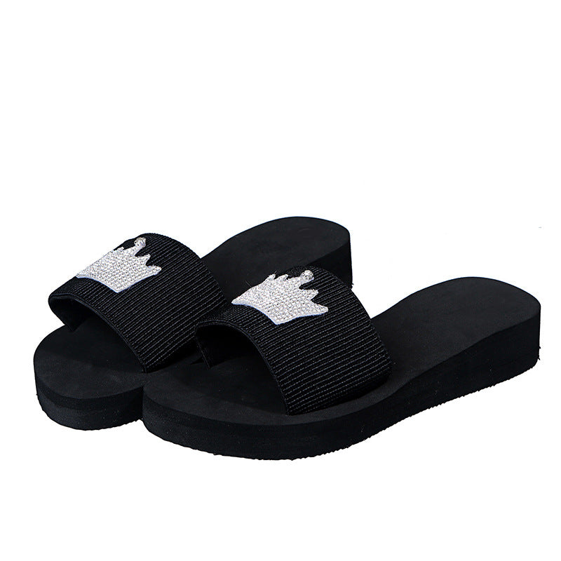 Women's slippers 2024 summer new trendy candy color rhinestone flat crown outdoor thick sole one-strap sandals