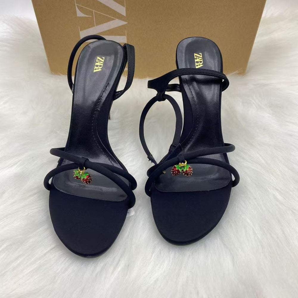 Za women's shoes: new summer 2025 collection - black strappy heeled sandals with rhinestone cherry charm, breathable and casual for outdoor wear