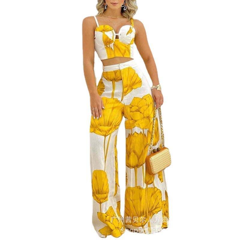 Spot  2023 European and American women's clothing  suspender printing set, trousers, set