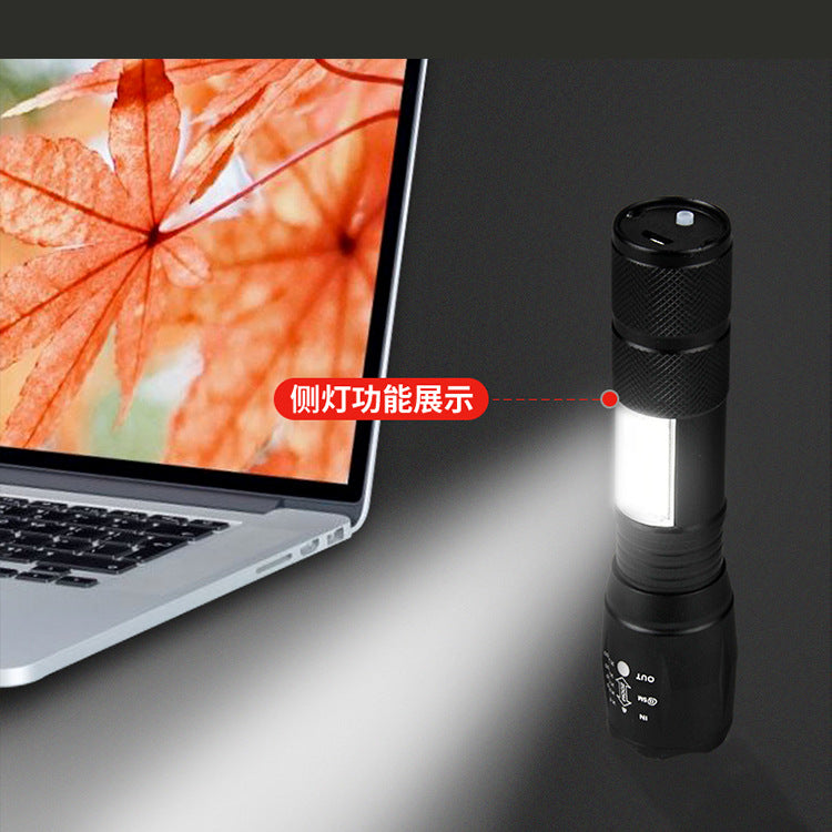 LED strong light telescopic zoom remote shooting outdoor USB charging flashlight side light OSB strong light built-in flashlight
