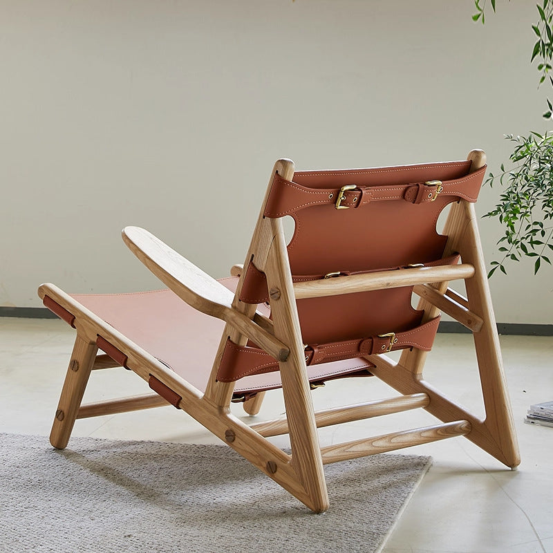 Hunting chair solid wood single sofa chair designer saddle leather casual chair living room retro chair balcony back chair