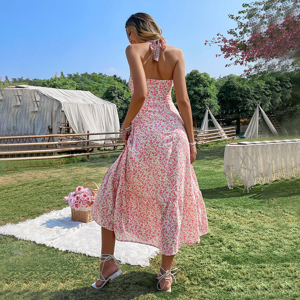 European and American   sexy wind neck sleeveless dress high waist backless pullover A word floral long dress women