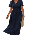 2024 european and american cross-border amazon summer new arrival: solid color v-neck flared sleeve elastic waist slimming slit maxi dress