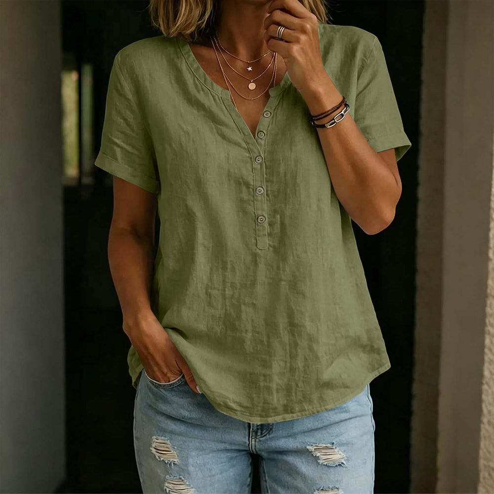 cross-border fashion  women's casual solid color cotton linen short-sleeve half-open v-neck button-down top