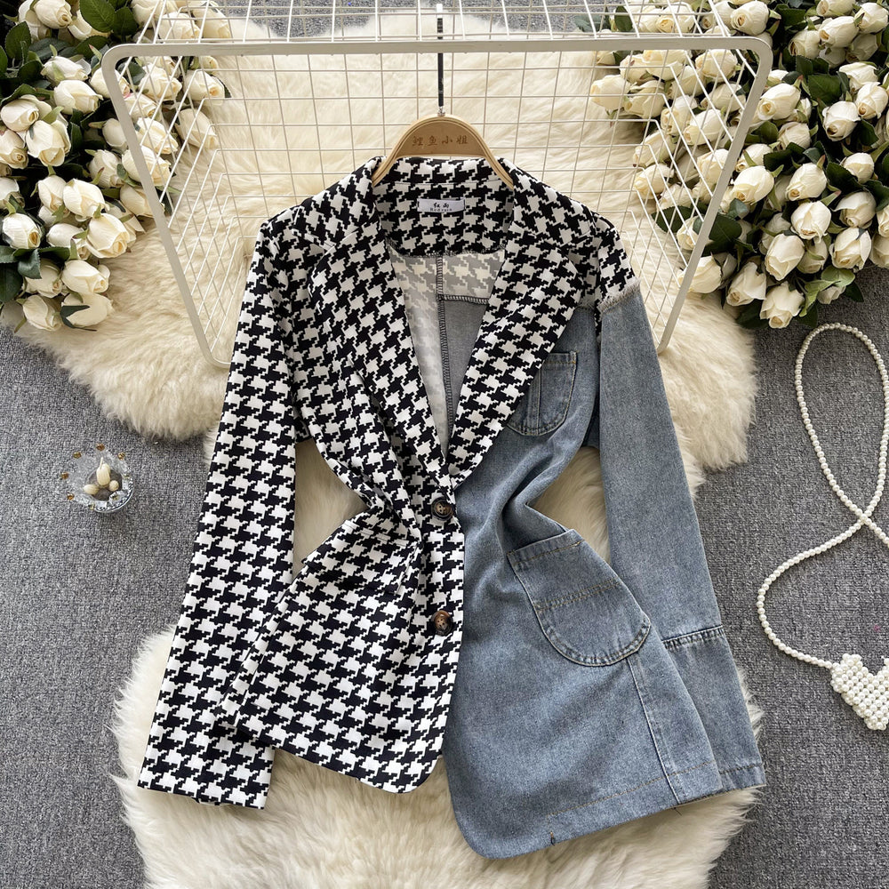 Luxury european and american style blazer for women - irregular patchwork denim design, statement piece, powerful and chic top, trendy