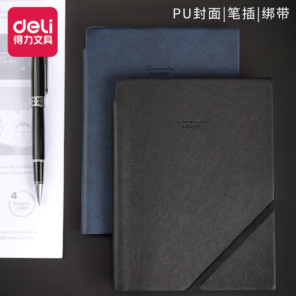 Deli 22215 leather book PU material 25K business notepad with pen insert oblique strap notebook wholesale