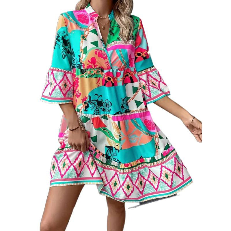 Shipped: new  european and american style independent website cross-border fashion - pleated sleeve, printed bell sleeve, ruffle hem