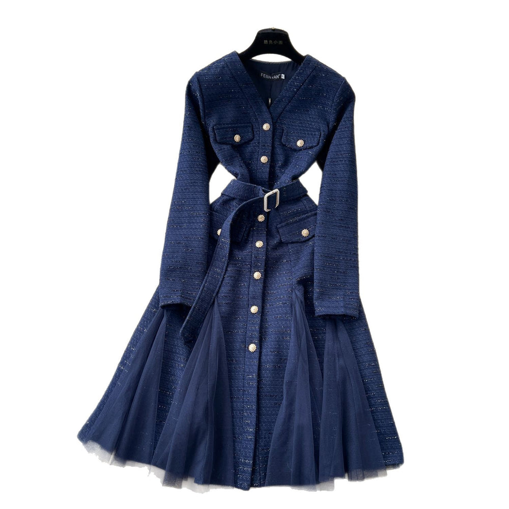 Frenchretro tweed stylev neck metal button waist dress women slimming lookelegant mesh patchworkelegance long skirt