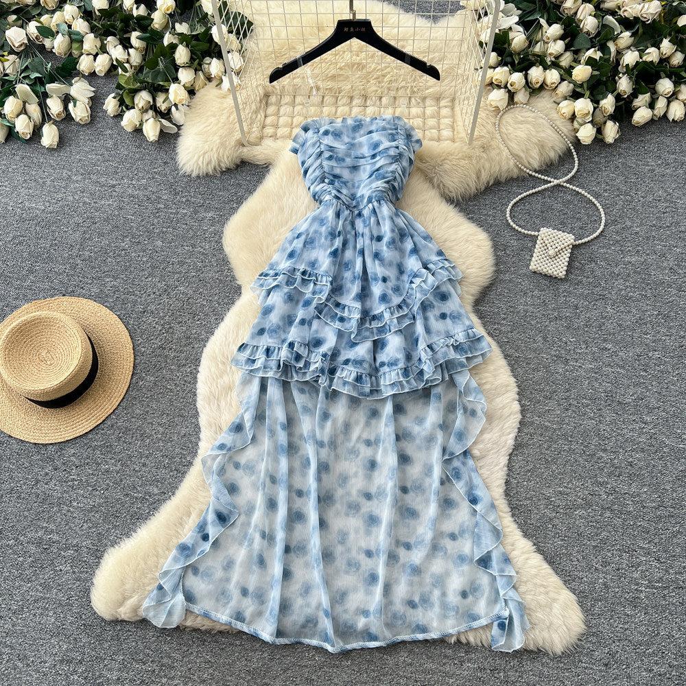 French riviera style printed bandeau dress - women's summer princess style sweet ruffle tiered fairy dress
