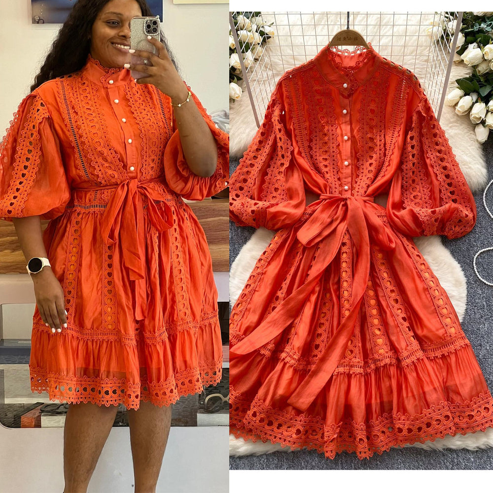 spring/summer new arrival: lantern sleeve vintage hollow-out lace patchwork single-breasted loose tie-waist mini dress for women