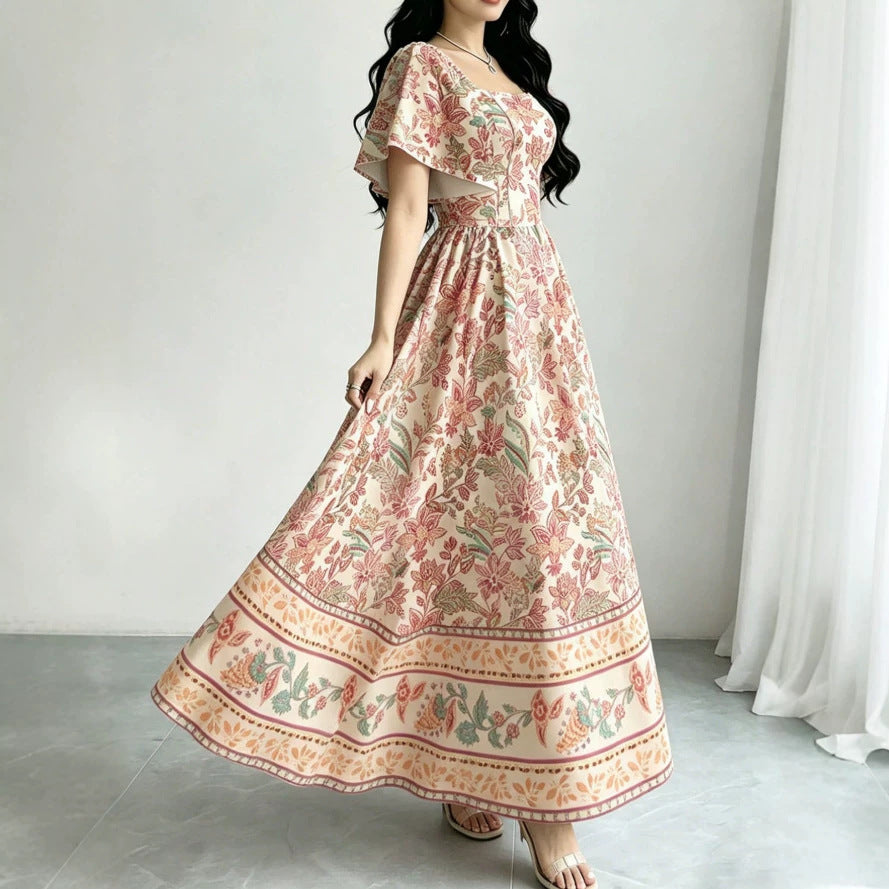 european and american new retro border floral square neck flutter sleeve maxi dress - cinched waist, flared hem, printed dress