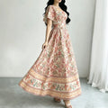 european and american new retro border floral square neck flutter sleeve maxi dress - cinched waist, flared hem, printed dress