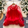 early spring new chiffon blouse - french chic, elegant, ruched lace trim, layering camisole top, two-piece set for women