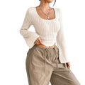 European and american cross-border  spring/summer new arrivals:  women's fashionable and elegant square neck flared long sleeve t-shirt top
