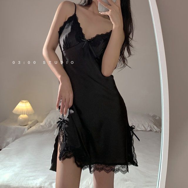 Sexy women's summer ice silk thin satin chiffon slip dress lace hot temptation lingerie wholesale
