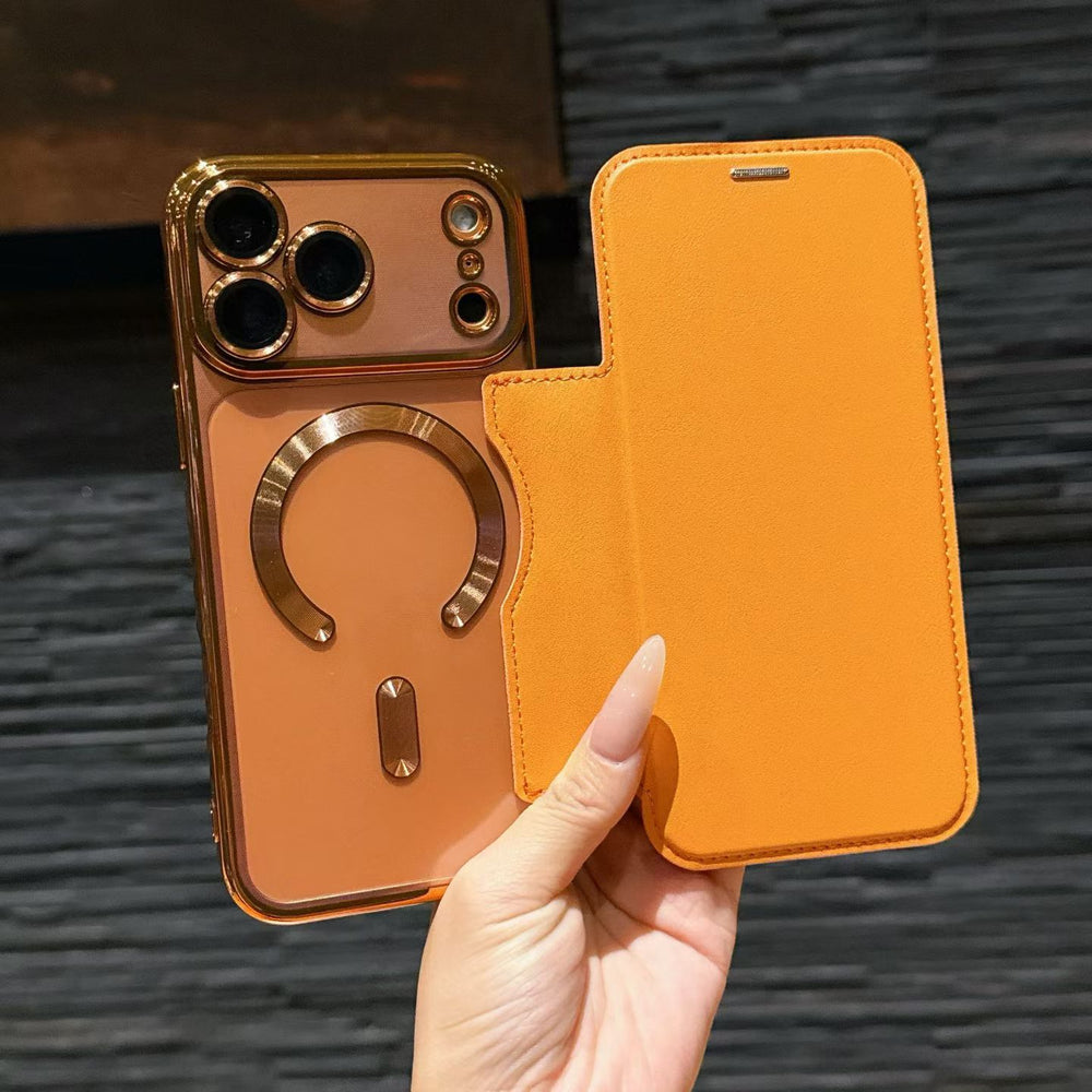 Premium gold shield magnetic leather case for iphone 17 pro max, apple 16 flip cover, full coverage, drop protection