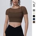 Fake two-piece mesh sports short-sleeved t-shirt for women with chest pad and navel-baring topsoutwear yoga quick-drying slimming look fitness clothes
