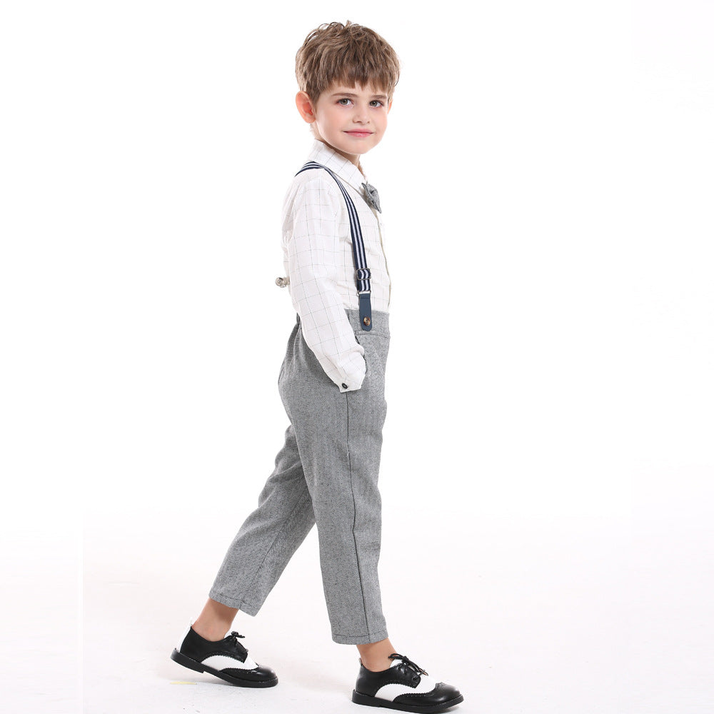Top and top spring autumk-style boyssuitlong sleevesplaidshirtoverallsnew arrivalwholesale