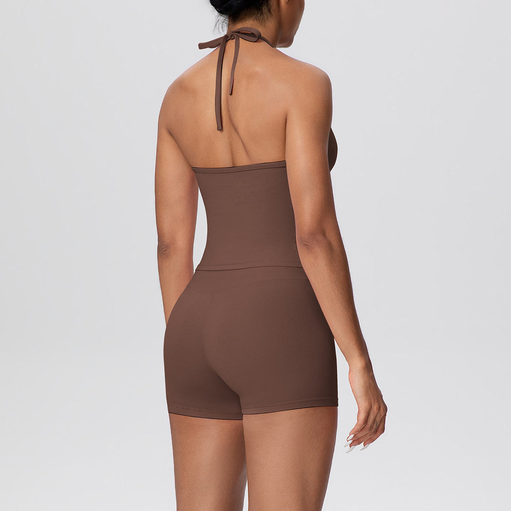 New arrival cross-border pure color brushed beautiful back strap halterhigh waist yoga clothes suit sports running fitness suit for women