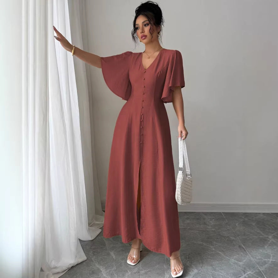 european and american new arrival: elegant slim-fit v-neck waist-defining french dress