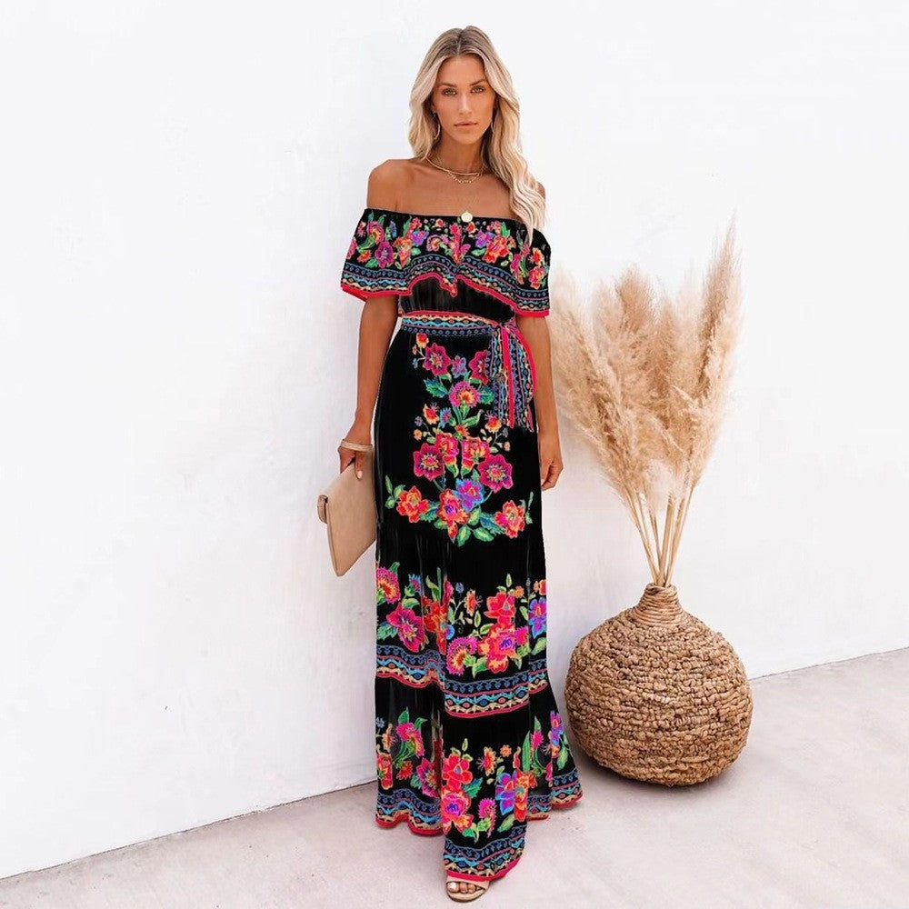 independent station new arrivalfashion spring summer one shoulder red flower printing long swing dress for women