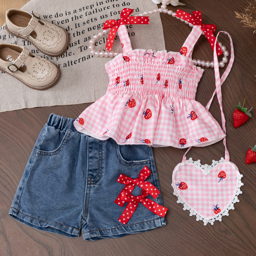 spring/summer new arrival: adorable strawberry print cami top + denim shorts set for girls (cross-border e-commerce)