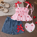 spring/summer new arrival: adorable strawberry print cami top + denim shorts set for girls (cross-border e-commerce)