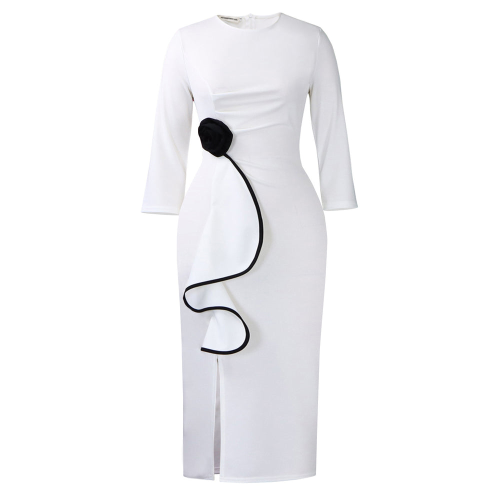D612 european and american plus size elegant round neck 3d floral fashion ruffle hem bodycon dress - export quality