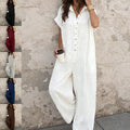 Independent station fashion cross-border  summercasualelegantwork clothingpure colorshirt button loose short-sleeved jumpsuit