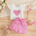 girls' summer outfit: white flutter sleeve short-sleeve top with heart and floral print patchwork shorts, includes belt - two-piece set for kids