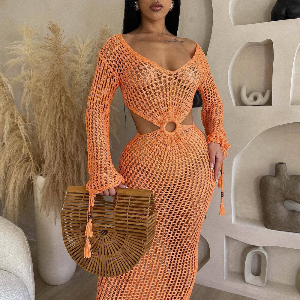 Amazon  european and american women's sexy hollow-out knitted dress summer deep v beach cover-up maxi dress