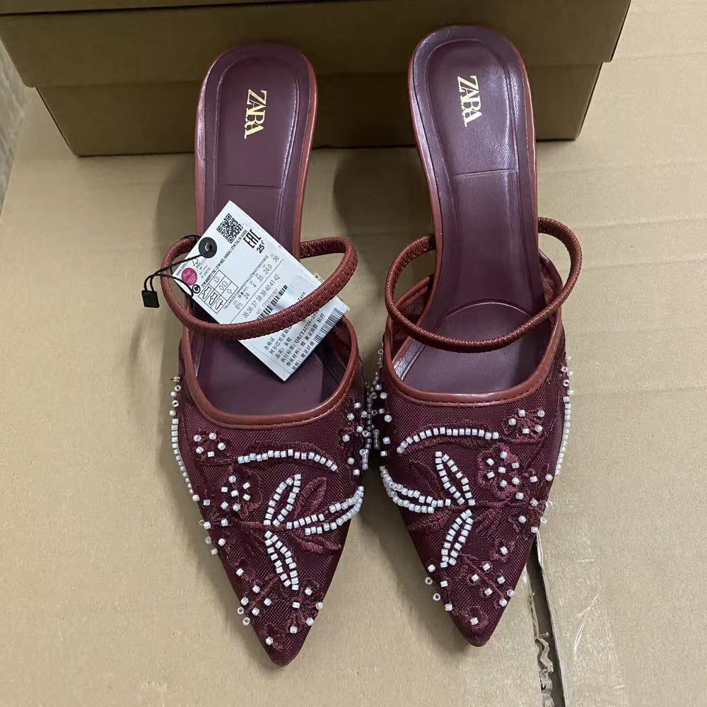 Zar 2024 autumn new arrivals: pointed-toe, closed-toe, open-back, solid color embroidered mesh stiletto mules