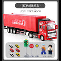 Red container truck + 6 die-cast cars + traffic light + 2 building block figures