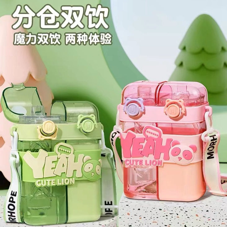 Ready-to-ship water bottles for kids, featuring a divided design for dual drinking options. stylish and portable, perfect for outdoor adventures and travel, suitable for both boys and girls