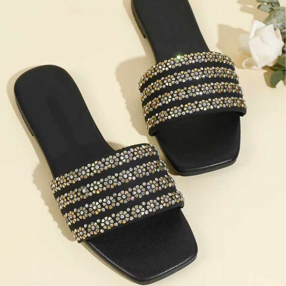 2025 summer new rhinestone flat sandals women's outdoor square toe open toe flip-flops plus size casual slippers wholesale