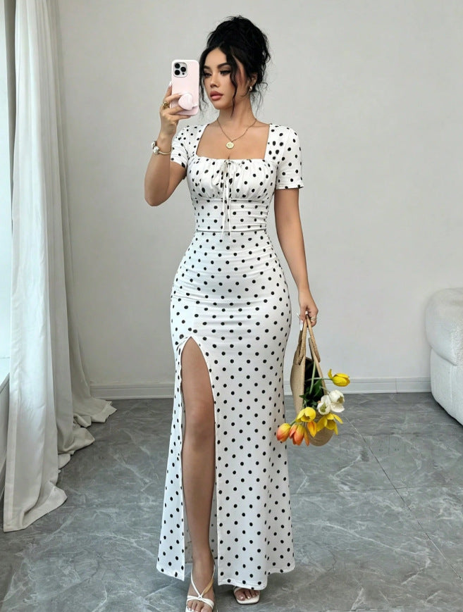 Women's summer  new arrival: bubble sleeve v-neck fitted waist slimming elegant mermaid maxi dress - french polka dot style