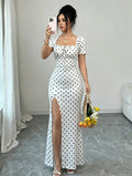 Women's summer  new arrival: bubble sleeve v-neck fitted waist slimming elegant mermaid maxi dress - french polka dot style