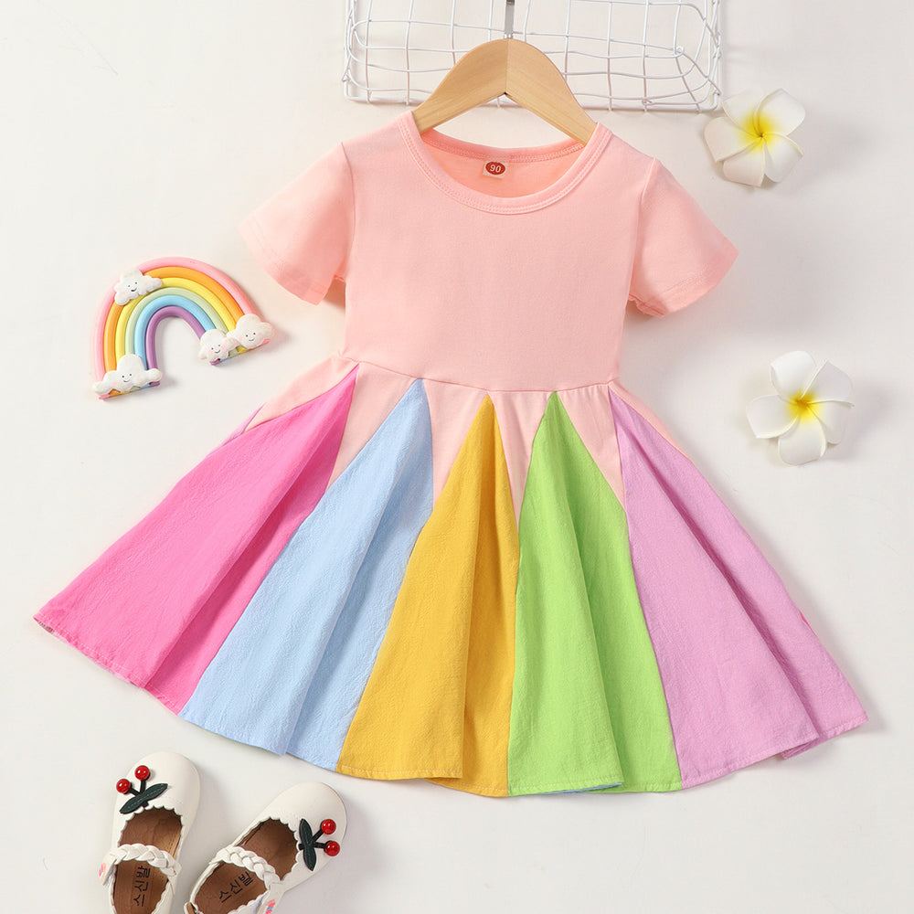 Store manager's pick: new autumn/winter girls' long-sleeve round neck rainbow princess dress with color block design