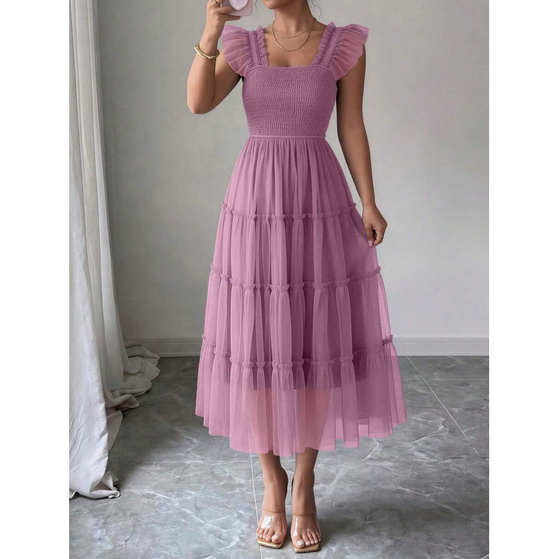 fashion  summer new arrival flying sleeve ruched ruffles vacation elegant mesh dress