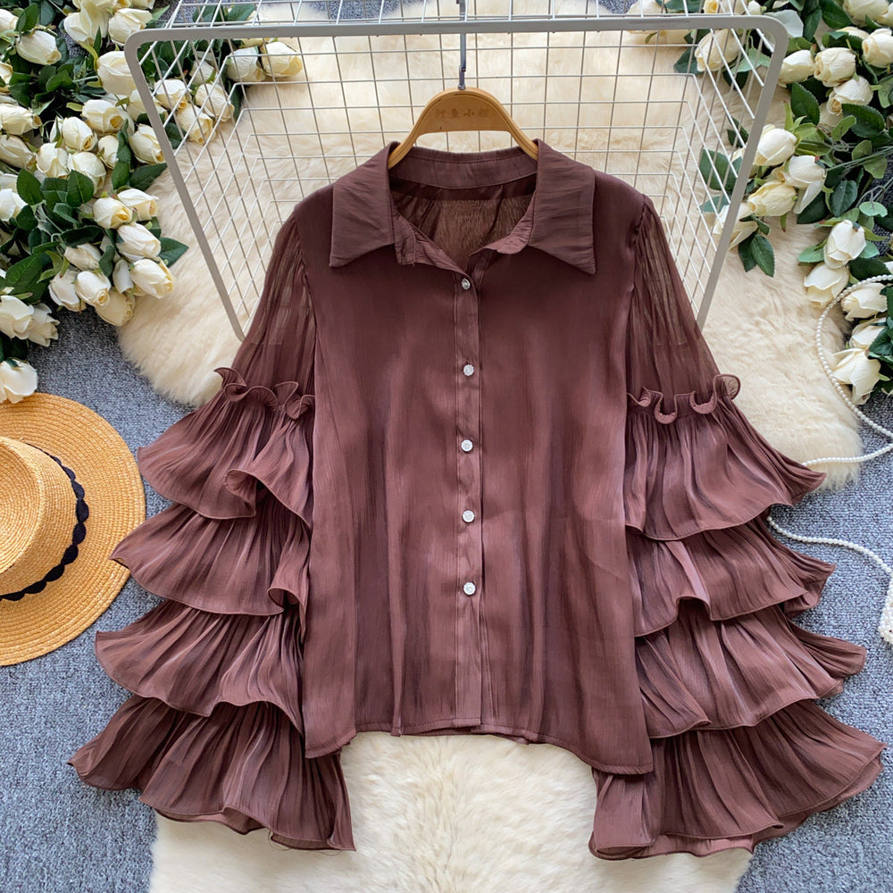 French romantic ruffle bell sleeve blouse - elegant, versatile, and chic work top - unique and high-end shirt