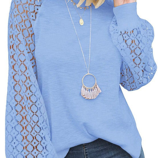 new cross-border  autumn/winter round neck long sleeve lace patchwork loose top for women