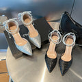 Silver high heel wedding shoes women's stiletto heel 2025 new pointed toe rhinestone bow two-wear beaded chain single shoes