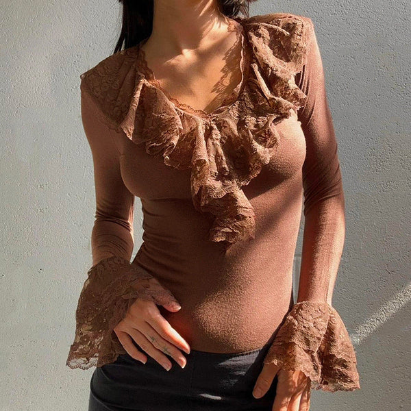 2025 Spring and Autumn European and American Cross-border New Solid Color Design Sense Lace Splicing Horn Sleeve Bottom Top Long Sleeve T-Shirt