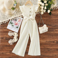 Girls' sleeveless romper dress with lace trim, chanel-inspired cinched waist, striped detail, and belted premium autumn jumpsuit pants