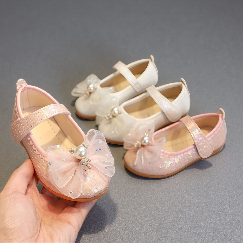 spring/autumn girls' leather shoes - bowknot princess flats - kids' velcro dance shoes - velcro girls' shoes