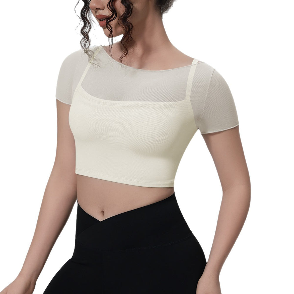 New arrival: solid color mesh double-layer breathable faux two-piece short sleeve top - perfect for casual wear, sports, running, fitness, and yoga